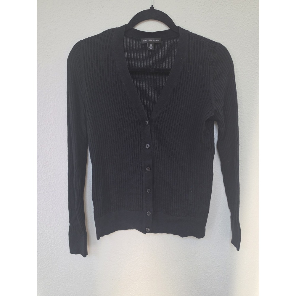 Saks Fifth Avenue Cardigan S Black Long Sleeve V-Neck Ribbed Cotton Linen
